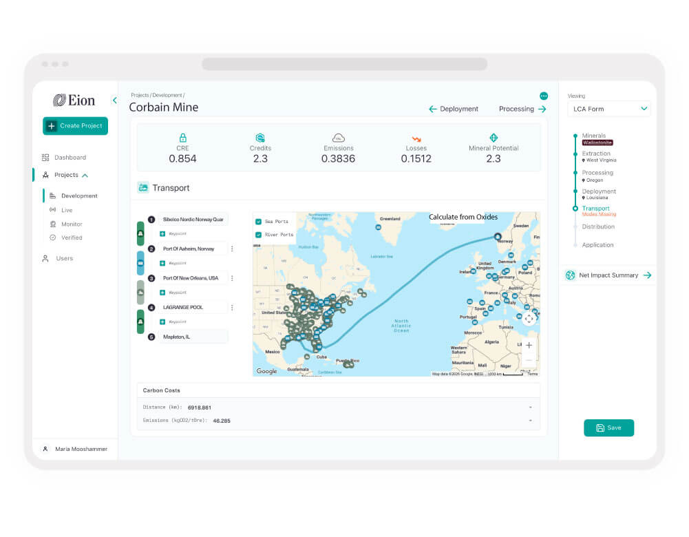 Eion Enhanced Weathering Carbon Calculator UX/UI